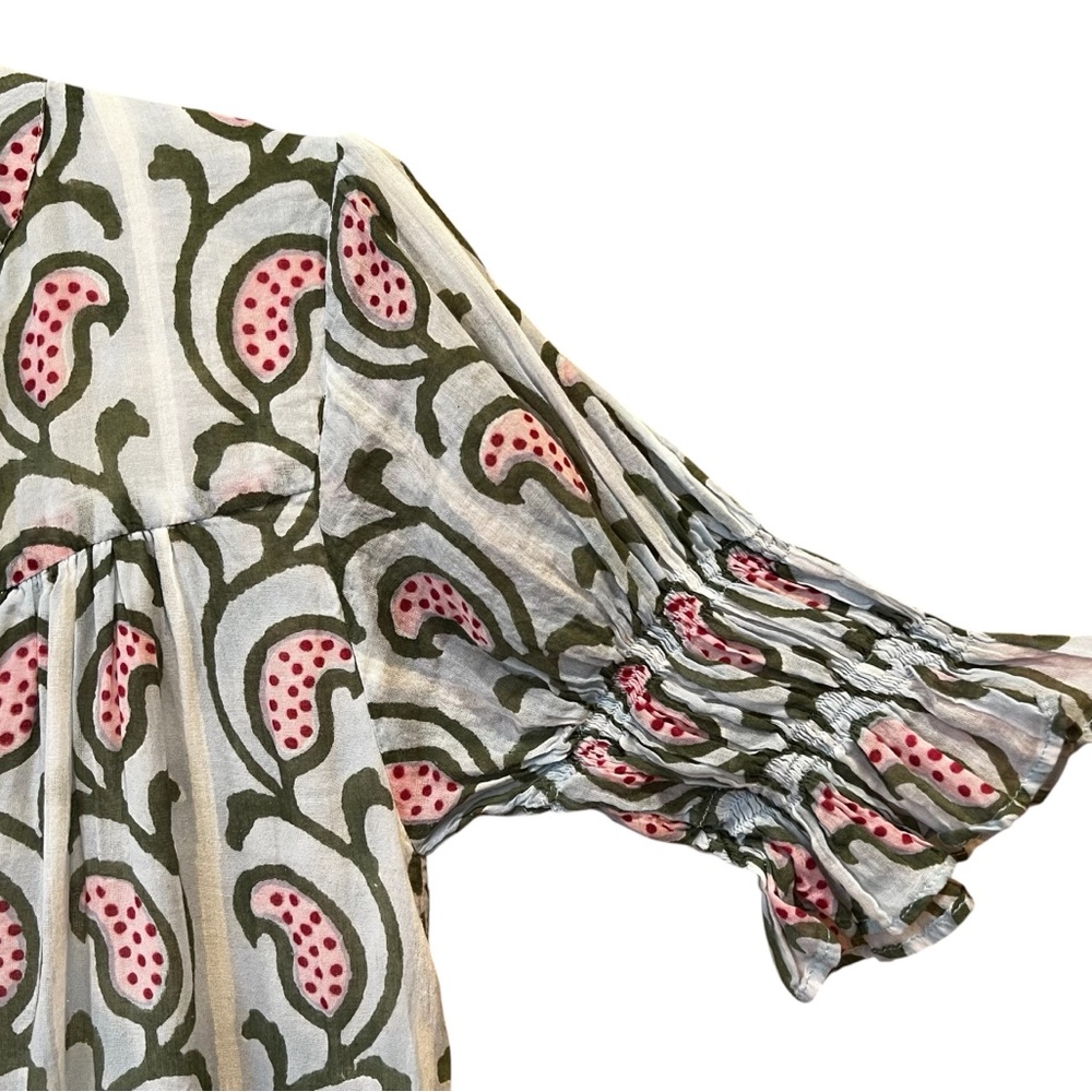 Oliphant Smocked Drop Waist Mini Dress Green Pink Block Print Size Medium Spring - Picture 3 of 6